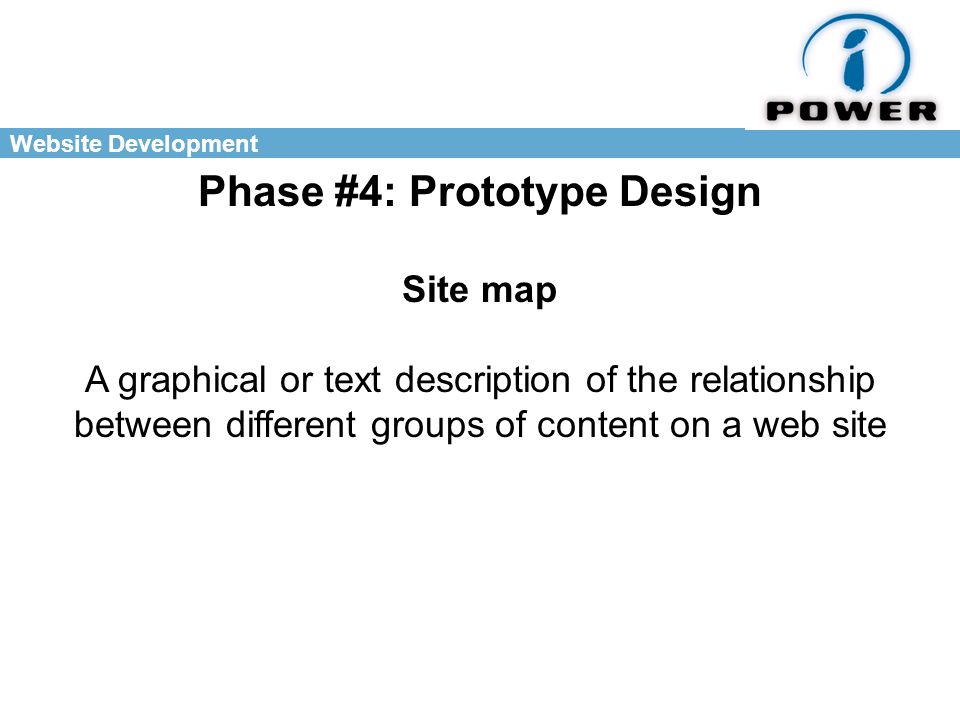Website Development Phase #4: Prototype Design Site map A graphical or text description of the relationship between different groups of content on a web site