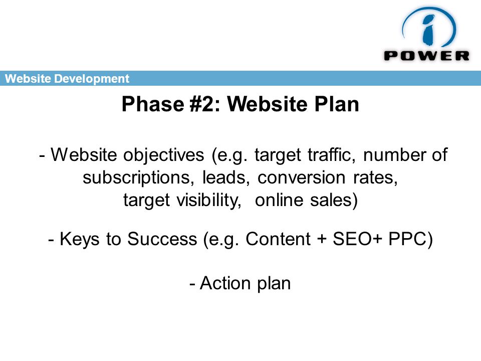 Website Development Phase #2: Website Plan - Website objectives (e.g.