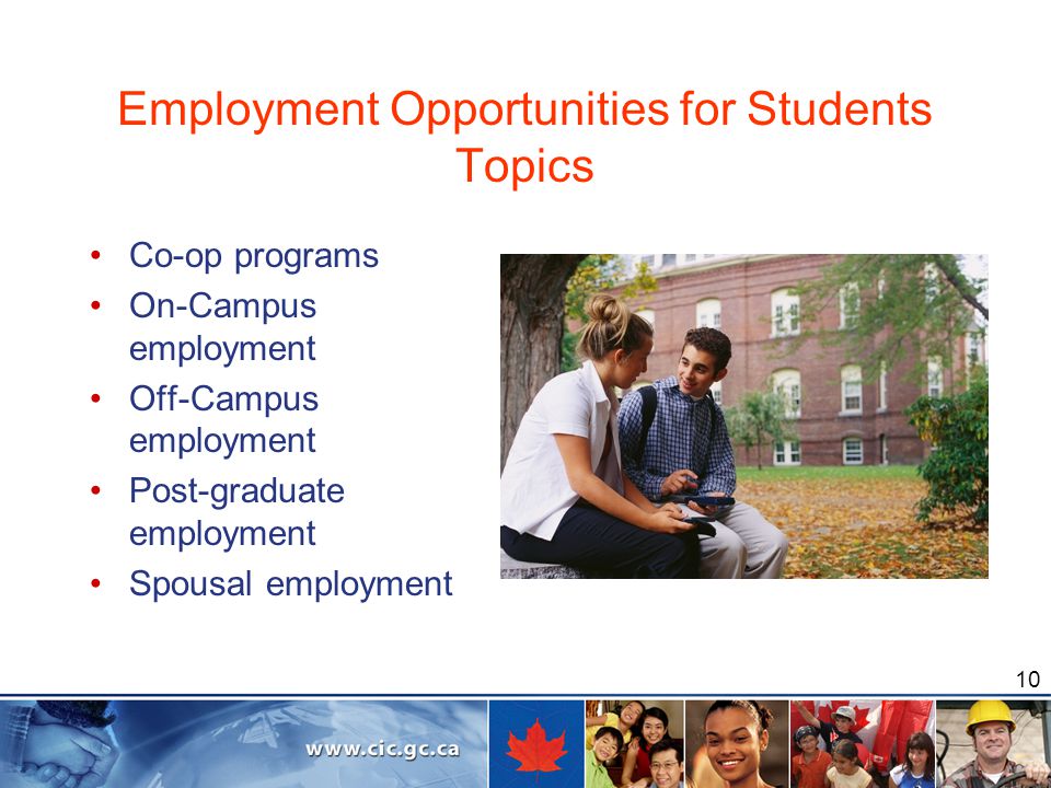10 Employment Opportunities for Students Topics Co-op programs On-Campus employment Off-Campus employment Post-graduate employment Spousal employment