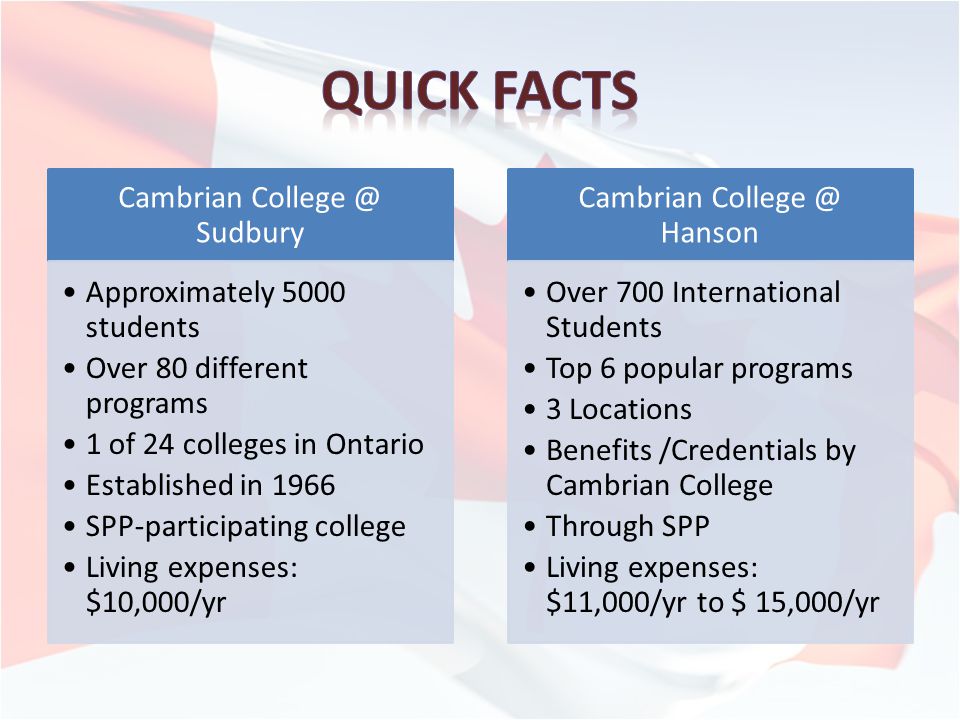 Cambrian Sudbury Approximately 5000 students Over 80 different programs 1 of 24 colleges in Ontario Established in 1966 SPP-participating college Living expenses: $10,000/yr Cambrian Hanson Over 700 International Students Top 6 popular programs 3 Locations Benefits /Credentials by Cambrian College Through SPP Living expenses: $11,000/yr to $ 15,000/yr