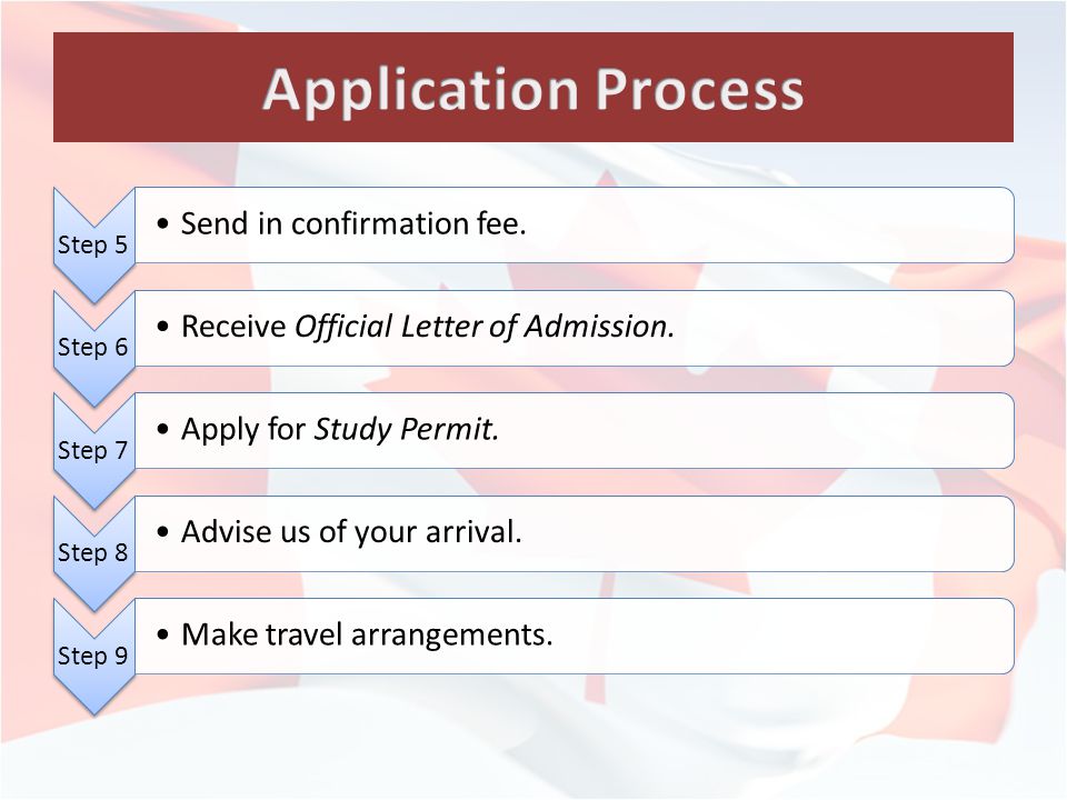 Step 5 Send in confirmation fee. Step 6 Receive Official Letter of Admission.