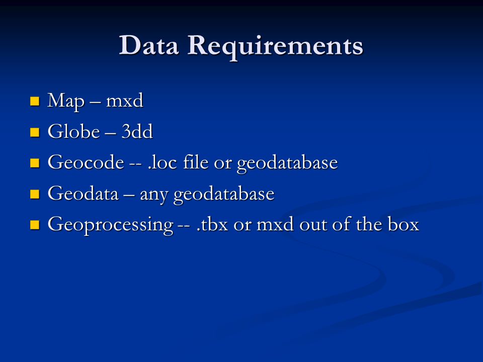 Data Requirements Map – mxd Map – mxd Globe – 3dd Globe – 3dd Geocode --.loc file or geodatabase Geocode --.loc file or geodatabase Geodata – any geodatabase Geodata – any geodatabase Geoprocessing --.tbx or mxd out of the box Geoprocessing --.tbx or mxd out of the box