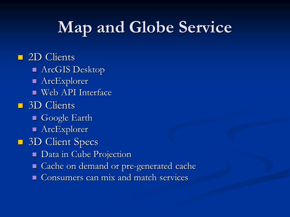 Map and Globe Service 2D Clients 2D Clients ArcGIS Desktop ArcGIS Desktop ArcExplorer ArcExplorer Web API Interface Web API Interface 3D Clients 3D Clients Google Earth Google Earth ArcExplorer ArcExplorer 3D Client Specs 3D Client Specs Data in Cube Projection Data in Cube Projection Cache on demand or pre-generated cache Cache on demand or pre-generated cache Consumers can mix and match services Consumers can mix and match services