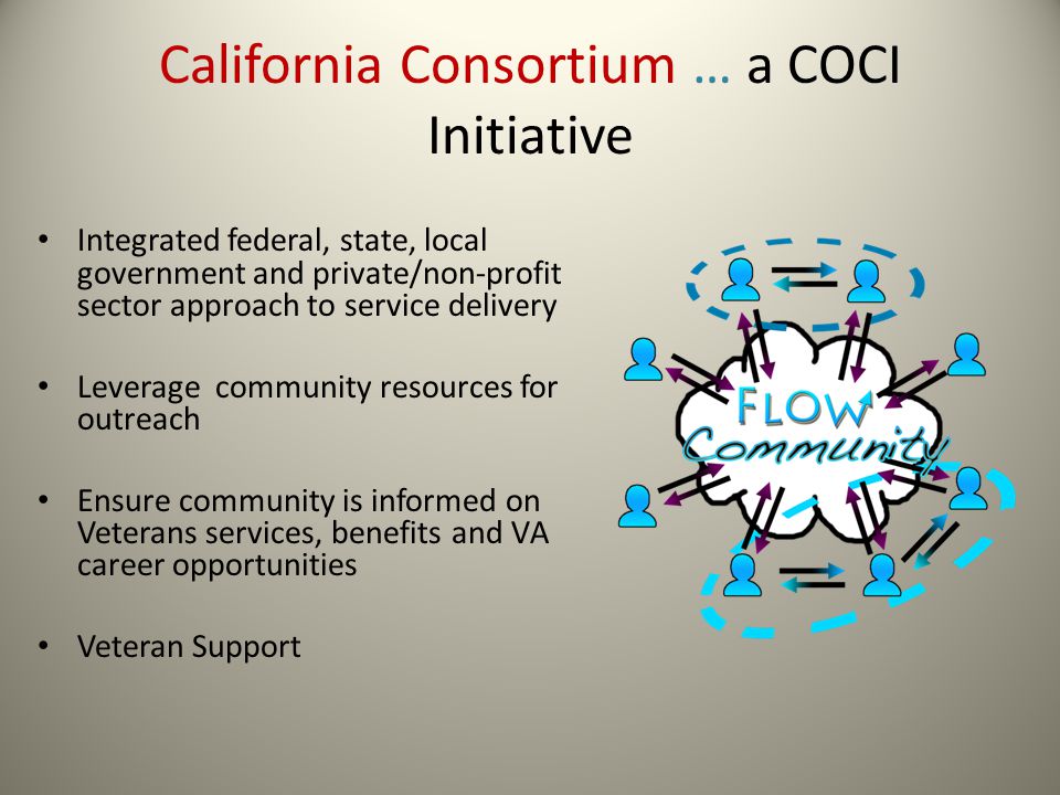 California Consortium … a COCI Initiative Integrated federal, state, local government and private/non-profit sector approach to service delivery Leverage community resources for outreach Ensure community is informed on Veterans services, benefits and VA career opportunities Veteran Support
