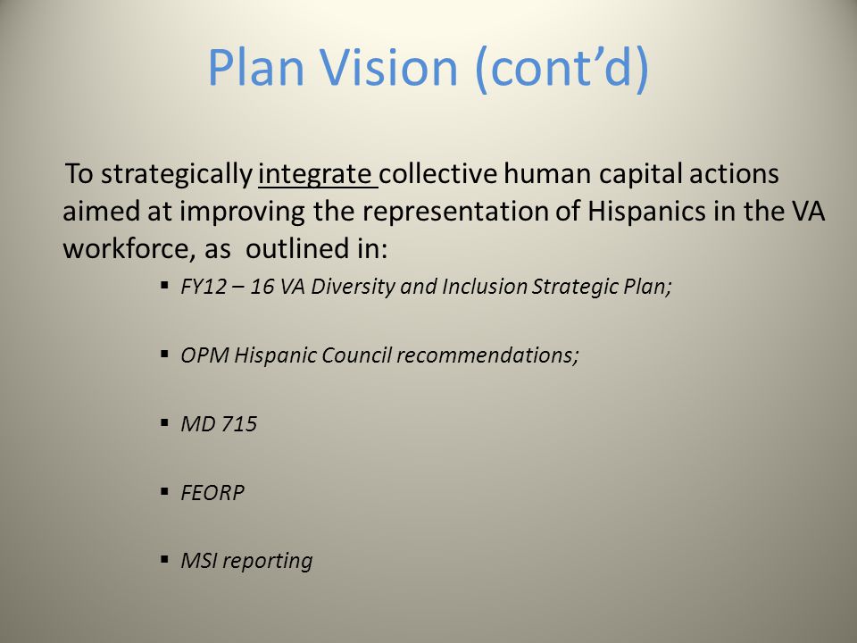 Plan Vision (cont’d) To strategically integrate collective human capital actions aimed at improving the representation of Hispanics in the VA workforce, as outlined in:  FY12 – 16 VA Diversity and Inclusion Strategic Plan;  OPM Hispanic Council recommendations;  MD 715  FEORP  MSI reporting