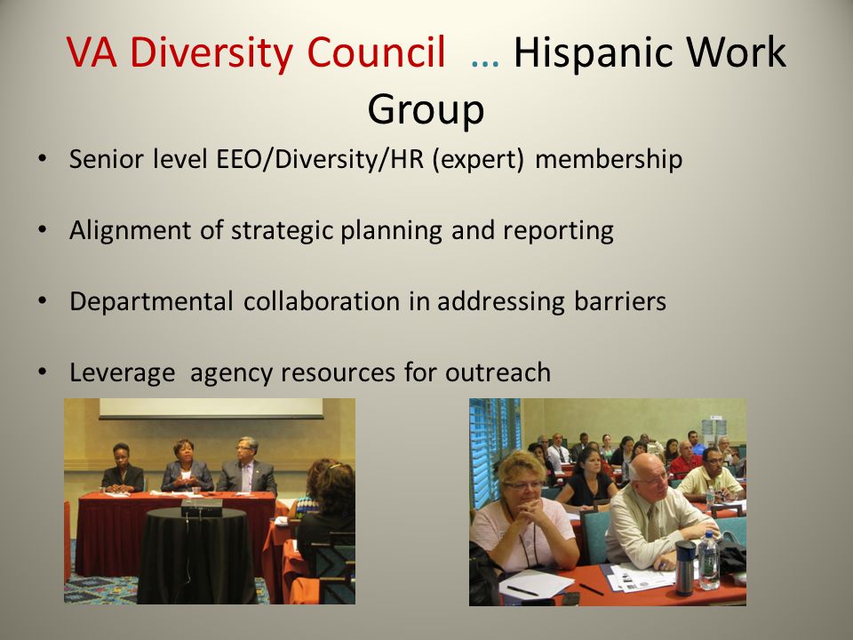 VA Diversity Council … Hispanic Work Group Senior level EEO/Diversity/HR (expert) membership Alignment of strategic planning and reporting Departmental collaboration in addressing barriers Leverage agency resources for outreach