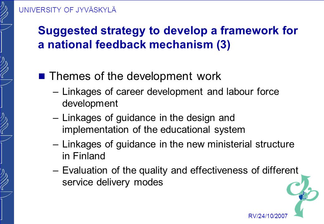UNIVERSITY OF JYVÄSKYLÄ RV/24/10/2007 Suggested strategy to develop a framework for a national feedback mechanism (3)  Themes of the development work –Linkages of career development and labour force development –Linkages of guidance in the design and implementation of the educational system –Linkages of guidance in the new ministerial structure in Finland –Evaluation of the quality and effectiveness of different service delivery modes