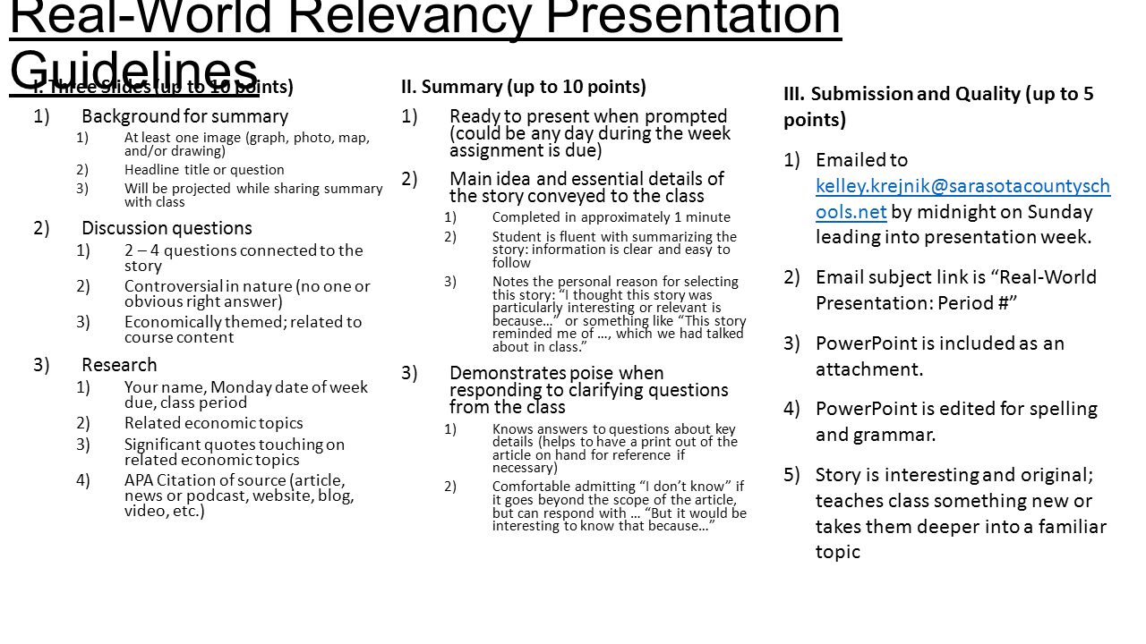 Real-World Relevancy Presentation Guidelines I.