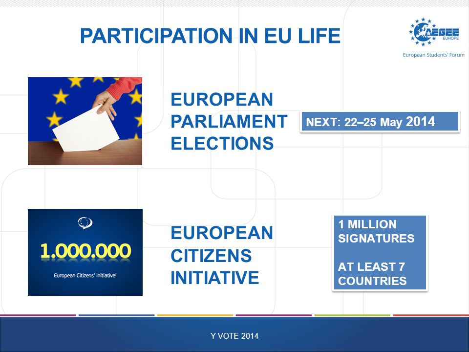 PARTICIPATION IN EU LIFE Y VOTE 2014 EUROPEAN PARLIAMENT ELECTIONS EUROPEAN CITIZENS INITIATIVE 1 MILLION SIGNATURES AT LEAST 7 COUNTRIES 1 MILLION SIGNATURES AT LEAST 7 COUNTRIES NEXT: 22–25 May 2014