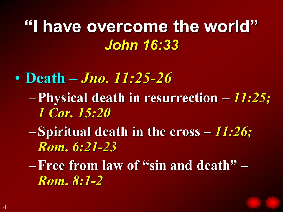 I have overcome the world John 16:33 Death – Jno.