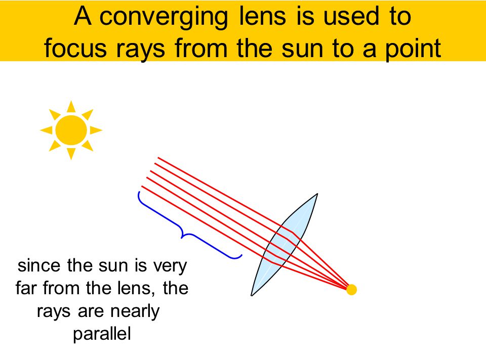 A converging lens is used to focus rays from the sun to a point since the sun is very far from the lens, the rays are nearly parallel