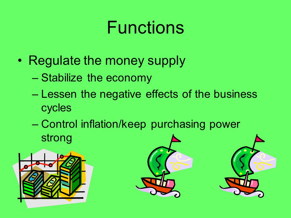 Functions Regulate the money supply –Stabilize the economy –Lessen the negative effects of the business cycles –Control inflation/keep purchasing power strong