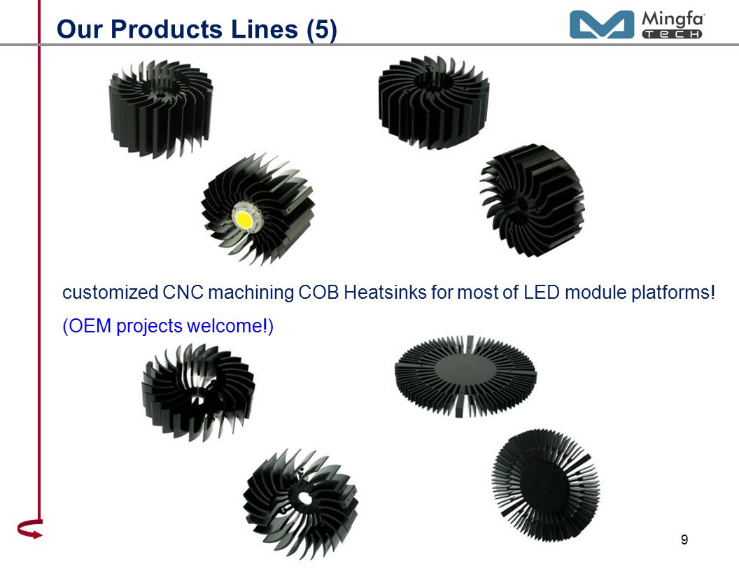 9 Our Products Lines (5) customized CNC machining COB Heatsinks for most of LED module platforms.