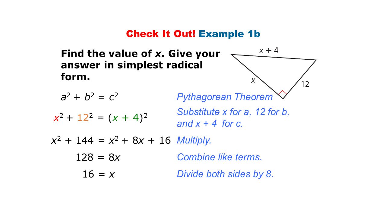 the pythagorean theorem holt geometry warm up warm up lesson what is the value of x in simplest radical form