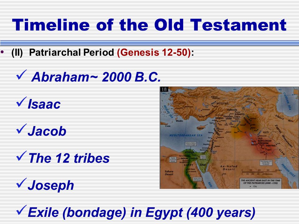 Timeline of the Old Testament (II) Patriarchal Period (Genesis 12-50): Abraham~ 2000 B.C.