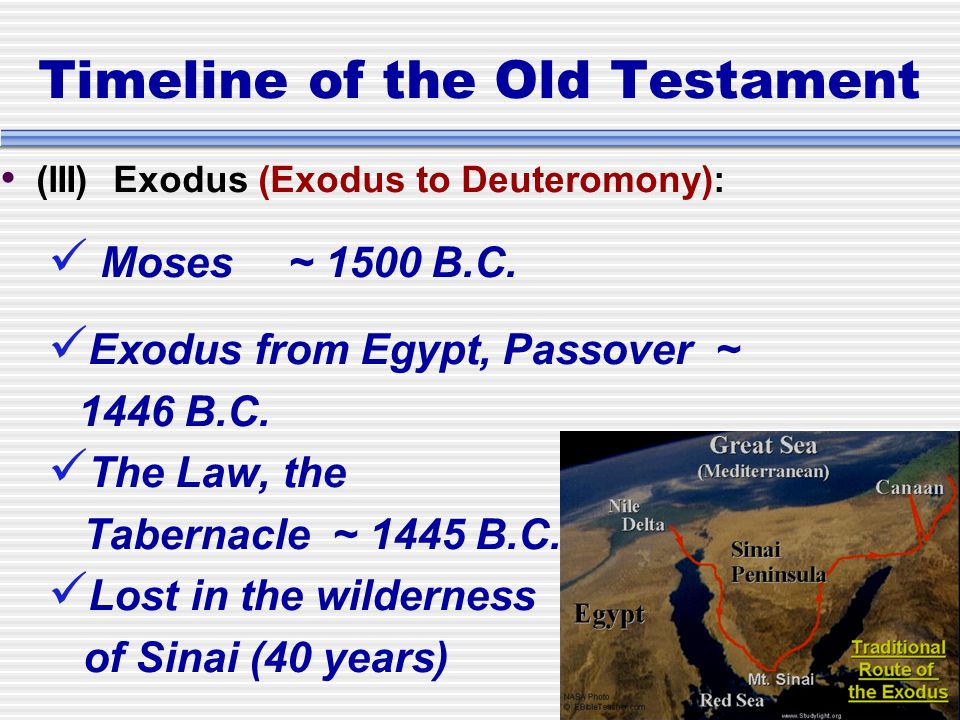 Timeline of the Old Testament (III) Exodus (Exodus to Deuteromony): Moses~ 1500 B.C.