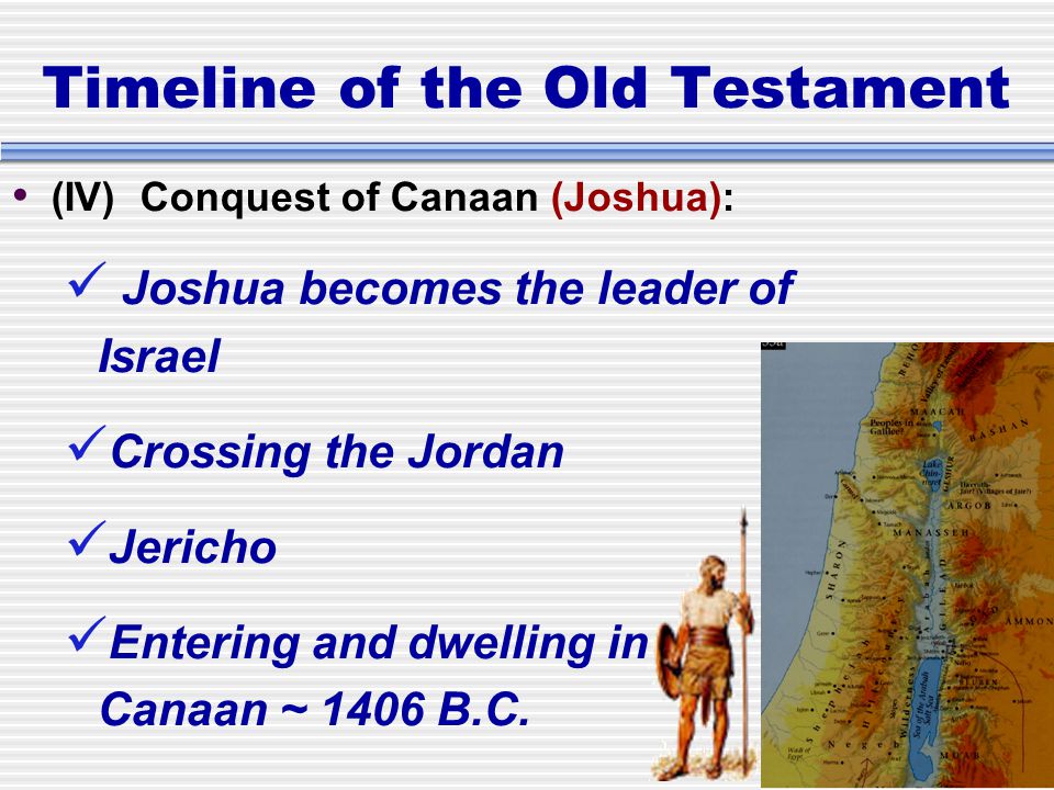 Timeline of the Old Testament (IV) Conquest of Canaan (Joshua): Joshua becomes the leader of Israel Crossing the Jordan Jericho Entering and dwelling in Canaan ~ 1406 B.C.