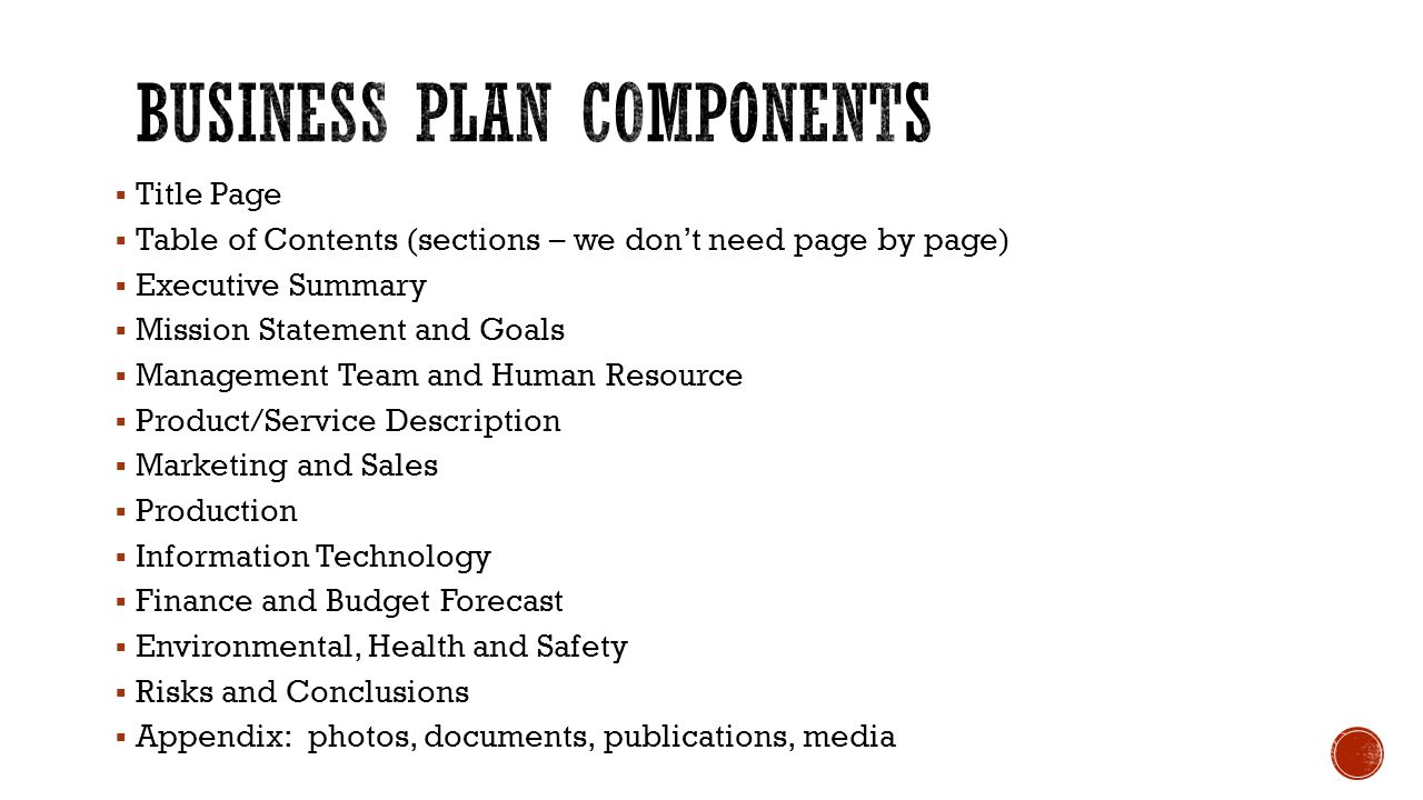 Table Of Contents Of A Business Plan