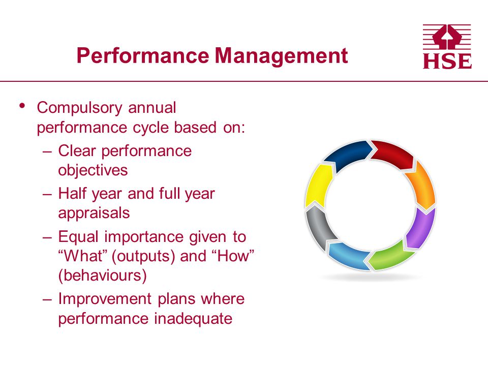 Compulsory annual performance cycle based on: –Clear performance objectives –Half year and full year appraisals –Equal importance given to What (outputs) and How (behaviours) –Improvement plans where performance inadequate Performance Management