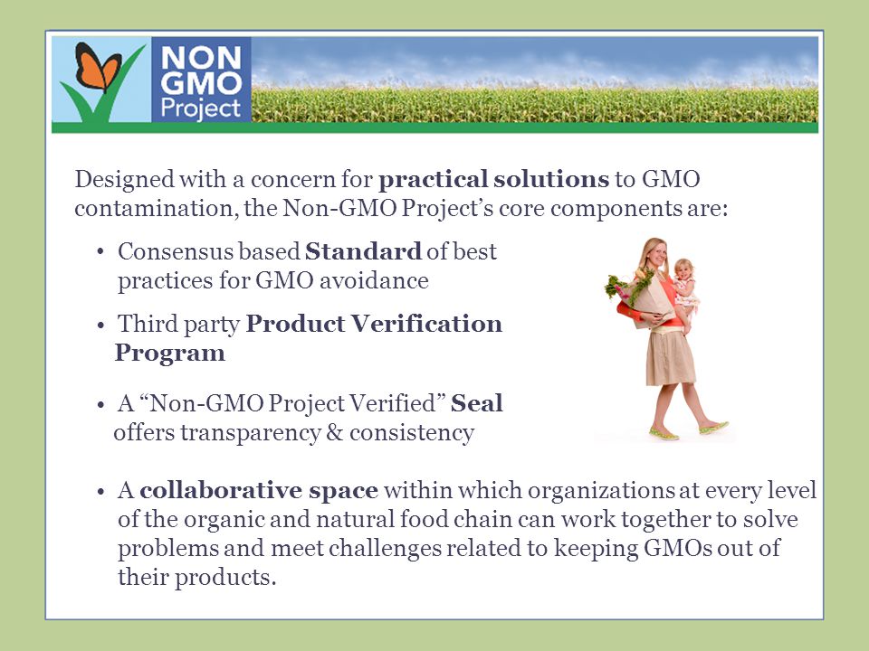 Components Designed with a concern for practical solutions to GMO contamination, the Non-GMO Project’s core components are: Consensus based Standard of best practices for GMO avoidance Third party Product Verification Program A Non-GMO Project Verified Seal offers transparency & consistency A collaborative space within which organizations at every level of the organic and natural food chain can work together to solve problems and meet challenges related to keeping GMOs out of their products.