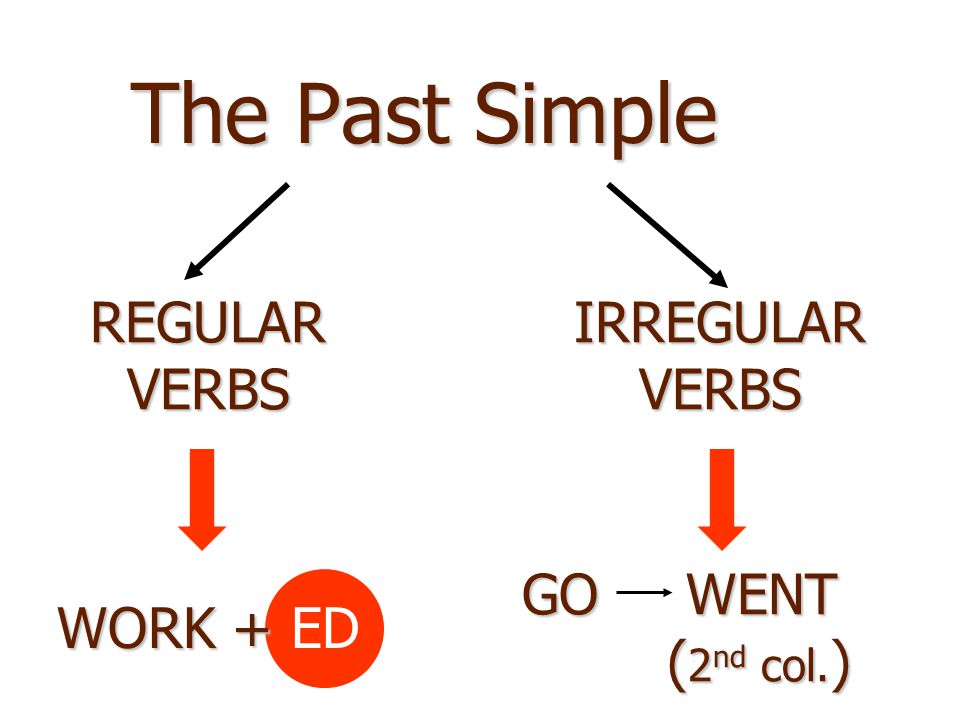 GO WENT ( 2 nd col. ) The Past Simple REGULAR VERBS IRREGULAR VERBS WORK + WORK + ED