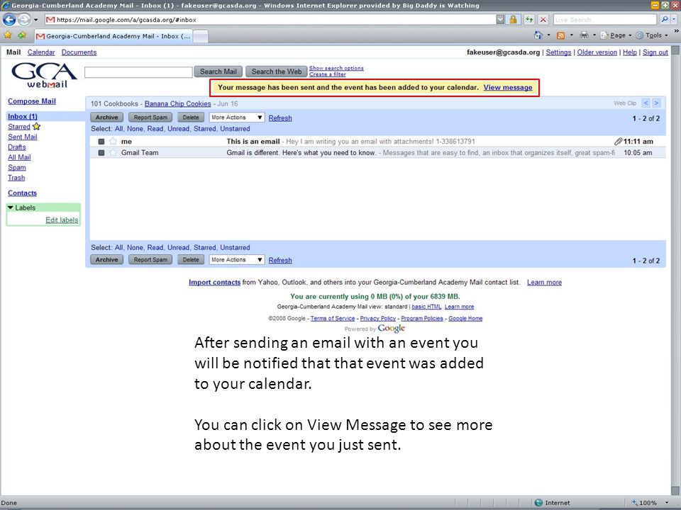 After sending an  with an event you will be notified that that event was added to your calendar.