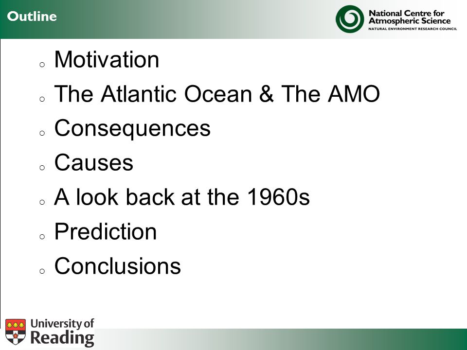Outline o Motivation o The Atlantic Ocean & The AMO o Consequences o Causes o A look back at the 1960s o Prediction o Conclusions