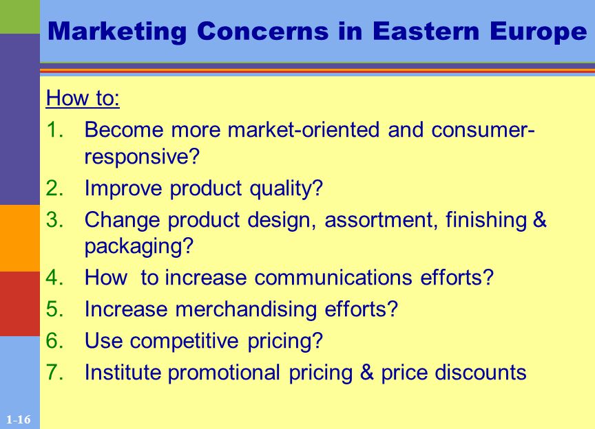 1-16 Marketing Concerns in Eastern Europe How to: 1.Become more market-oriented and consumer- responsive.