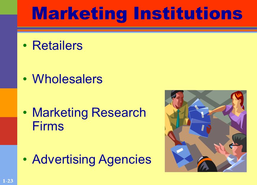 1-23 Marketing Institutions Retailers Wholesalers Marketing Research Firms Advertising Agencies