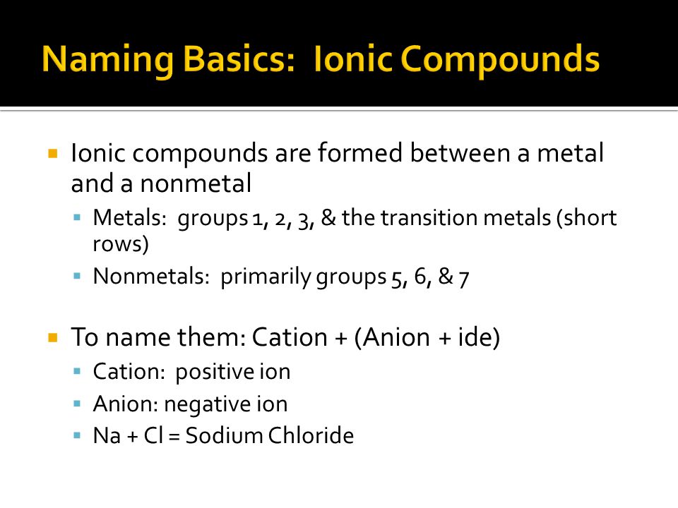  Ionic compounds are formed between a metal and a nonmetal  Metals: groups 1, 2, 3, & the transition metals (short rows)  Nonmetals: primarily groups 5, 6, & 7  To name them: Cation + (Anion + ide)  Cation: positive ion  Anion: negative ion  Na + Cl = Sodium Chloride