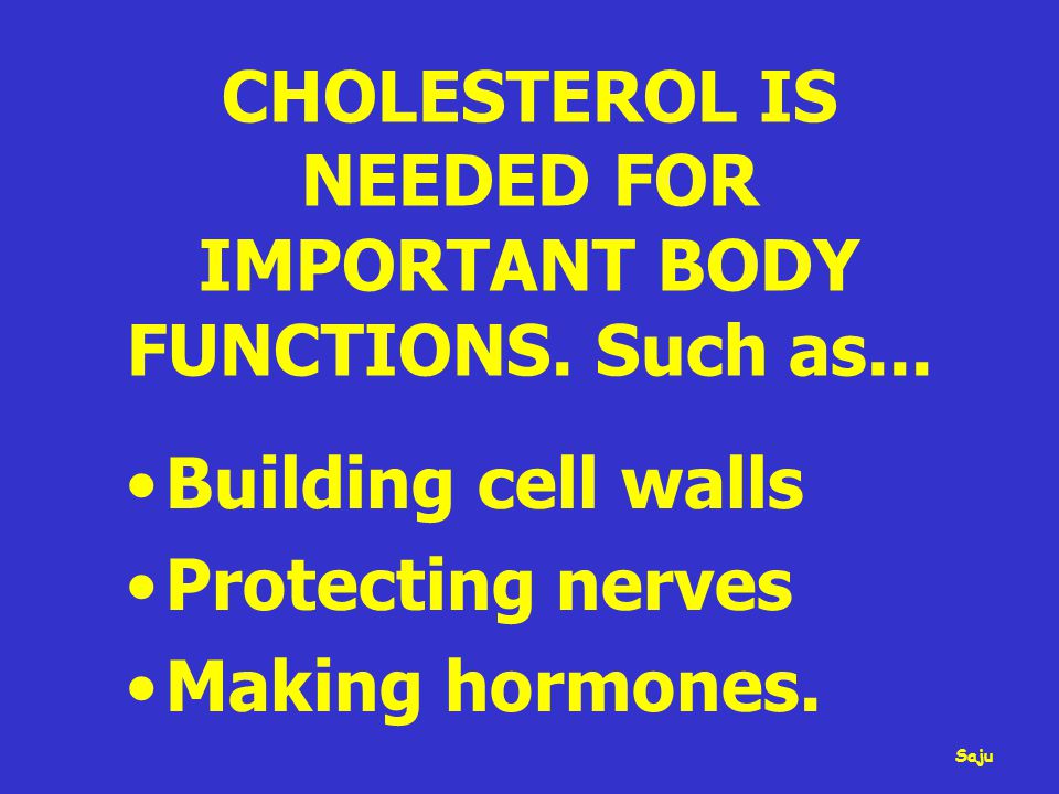 CHOLESTEROL IS NEEDED FOR IMPORTANT BODY FUNCTIONS.
