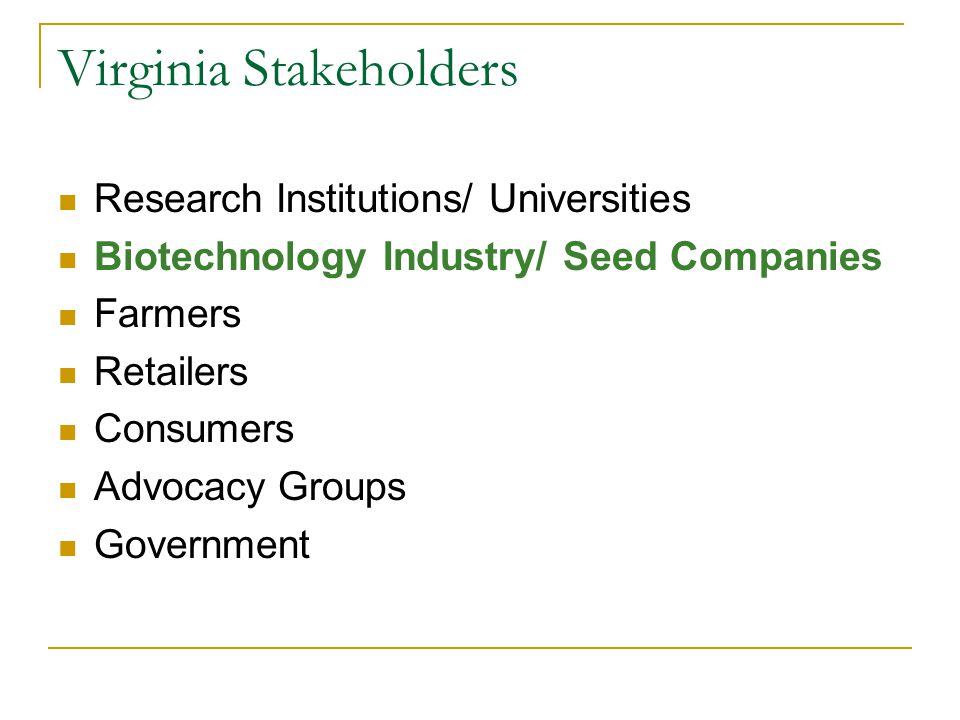 Virginia Stakeholders Research Institutions/ Universities Biotechnology Industry/ Seed Companies Farmers Retailers Consumers Advocacy Groups Government