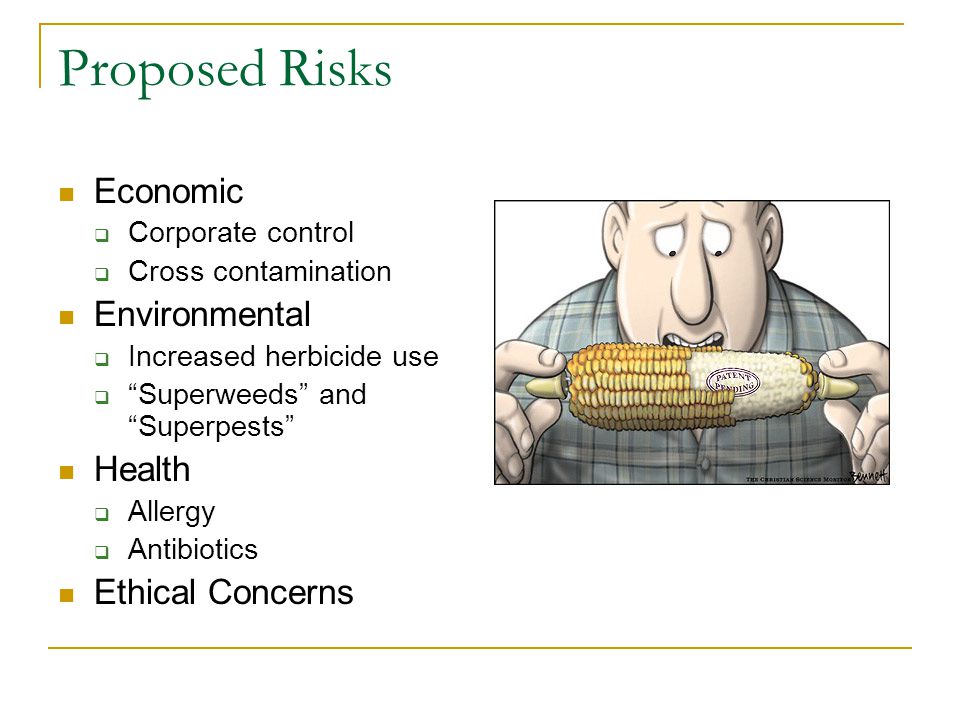 Proposed Risks Economic  Corporate control  Cross contamination Environmental  Increased herbicide use  Superweeds and Superpests Health  Allergy  Antibiotics Ethical Concerns