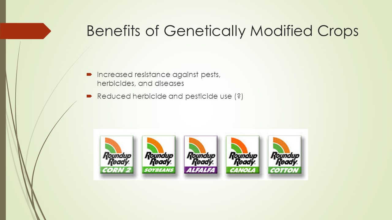 Benefits of Genetically Modified Crops  Increased resistance against pests, herbicides, and diseases  Reduced herbicide and pesticide use ( )