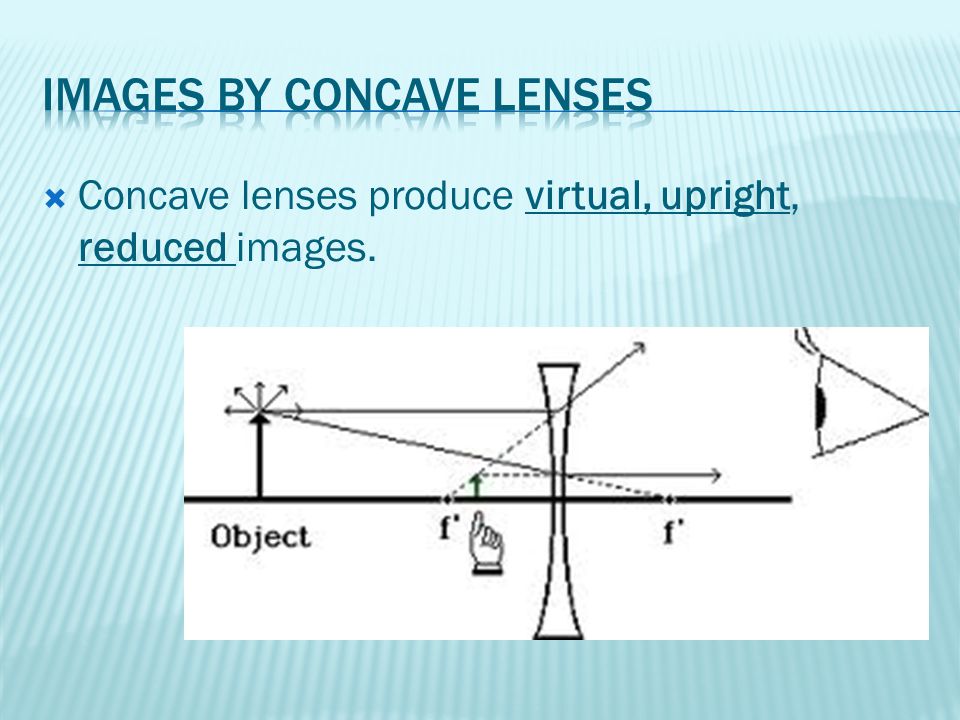 Concave lenses produce virtual, upright, reduced images.