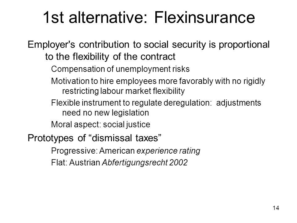14 1st alternative: Flexinsurance Employer s contribution to social security is proportional to the flexibility of the contract Compensation of unemployment risks Motivation to hire employees more favorably with no rigidly restricting labour market flexibility Flexible instrument to regulate deregulation: adjustments need no new legislation Moral aspect: social justice Prototypes of dismissal taxes Progressive: American experience rating Flat: Austrian Abfertigungsrecht 2002