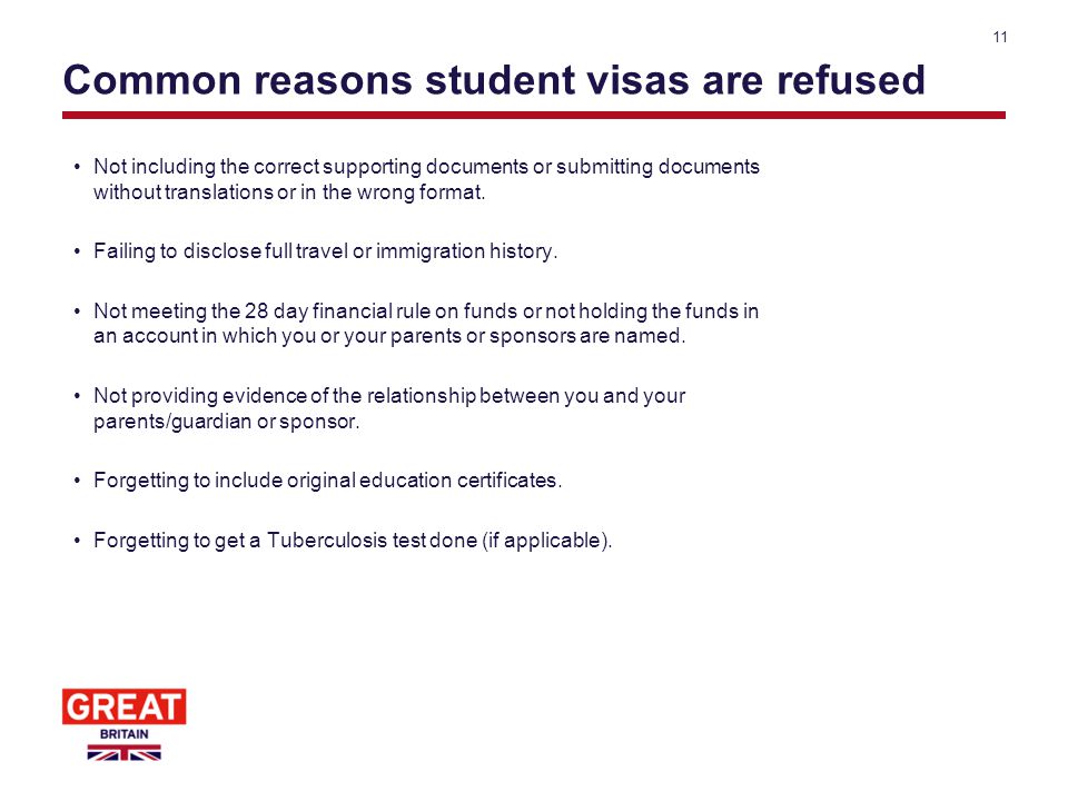 Common reasons student visas are refused Not including the correct supporting documents or submitting documents without translations or in the wrong format.