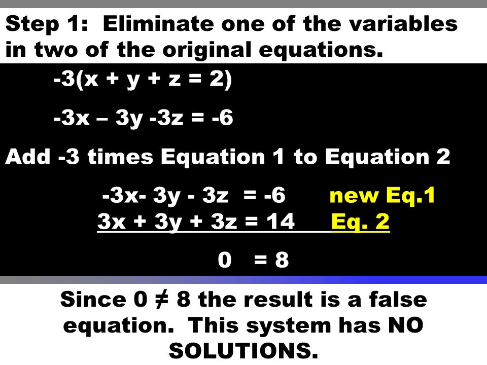 Step 1: Eliminate one of the variables in two of the original equations.