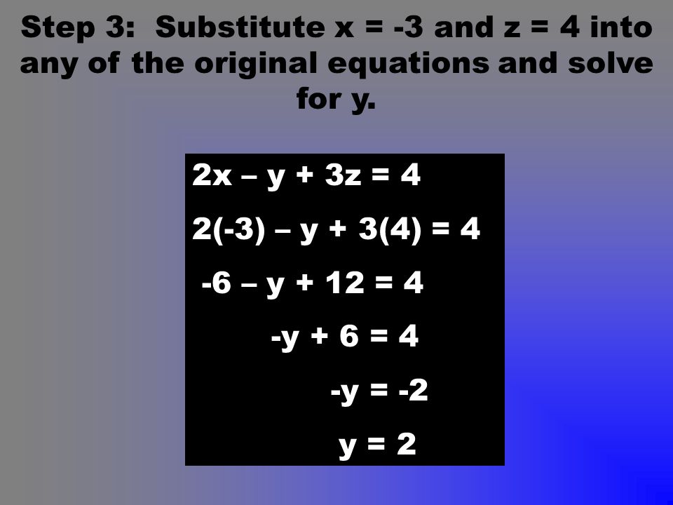 Step 3: Substitute x = -3 and z = 4 into any of the original equations and solve for y.
