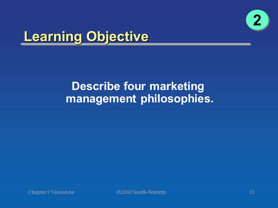 ©2002 South-Western Chapter 1 Version 6e11 Learning Objective Describe four marketing management philosophies.