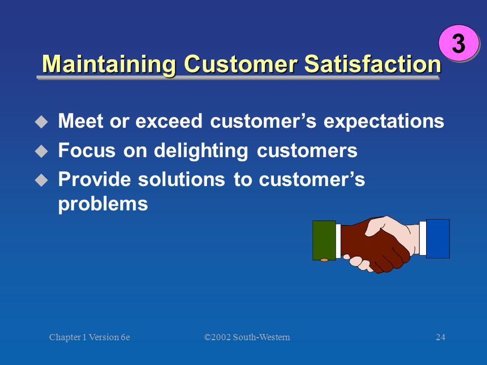 ©2002 South-Western Chapter 1 Version 6e24 Maintaining Customer Satisfaction  Meet or exceed customer’s expectations  Focus on delighting customers  Provide solutions to customer’s problems 3 3