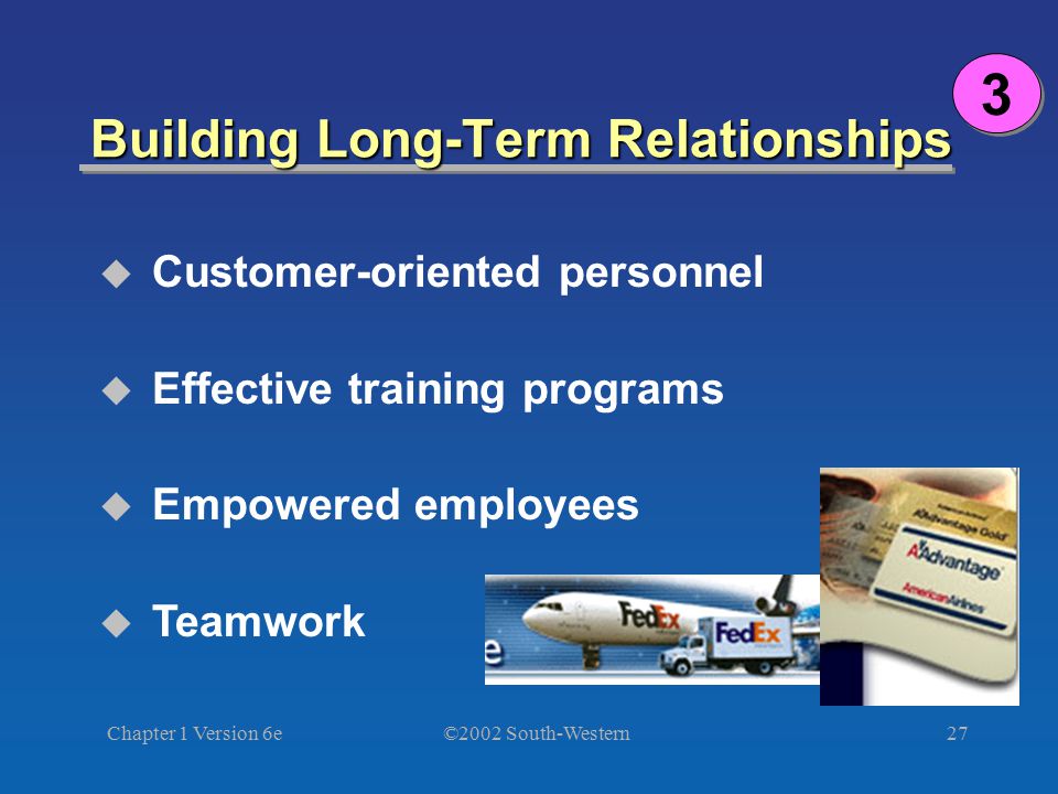 ©2002 South-Western Chapter 1 Version 6e27 Building Long-Term Relationships  Customer-oriented personnel  Effective training programs  Empowered employees  Teamwork 3 3