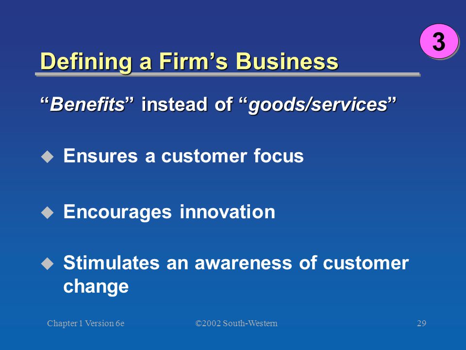 ©2002 South-Western Chapter 1 Version 6e29 Defining a Firm’s Business Benefits instead of goods/services  Ensures a customer focus  Encourages innovation  Stimulates an awareness of customer change 3 3