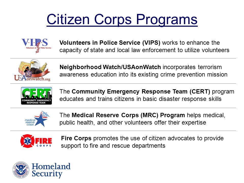 Citizen Corps Programs The Community Emergency Response Team (CERT) program educates and trains citizens in basic disaster response skills Fire Corps promotes the use of citizen advocates to provide support to fire and rescue departments The Medical Reserve Corps (MRC) Program helps medical, public health, and other volunteers offer their expertise Neighborhood Watch/USAonWatch incorporates terrorism awareness education into its existing crime prevention mission Volunteers in Police Service (VIPS) works to enhance the capacity of state and local law enforcement to utilize volunteers