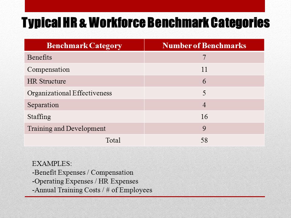 Typical HR & Workforce Benchmark Categories Benchmark CategoryNumber of Benchmarks Benefits7 Compensation11 HR Structure6 Organizational Effectiveness5 Separation4 Staffing16 Training and Development9 Total58 EXAMPLES: -Benefit Expenses / Compensation -Operating Expenses / HR Expenses -Annual Training Costs / # of Employees