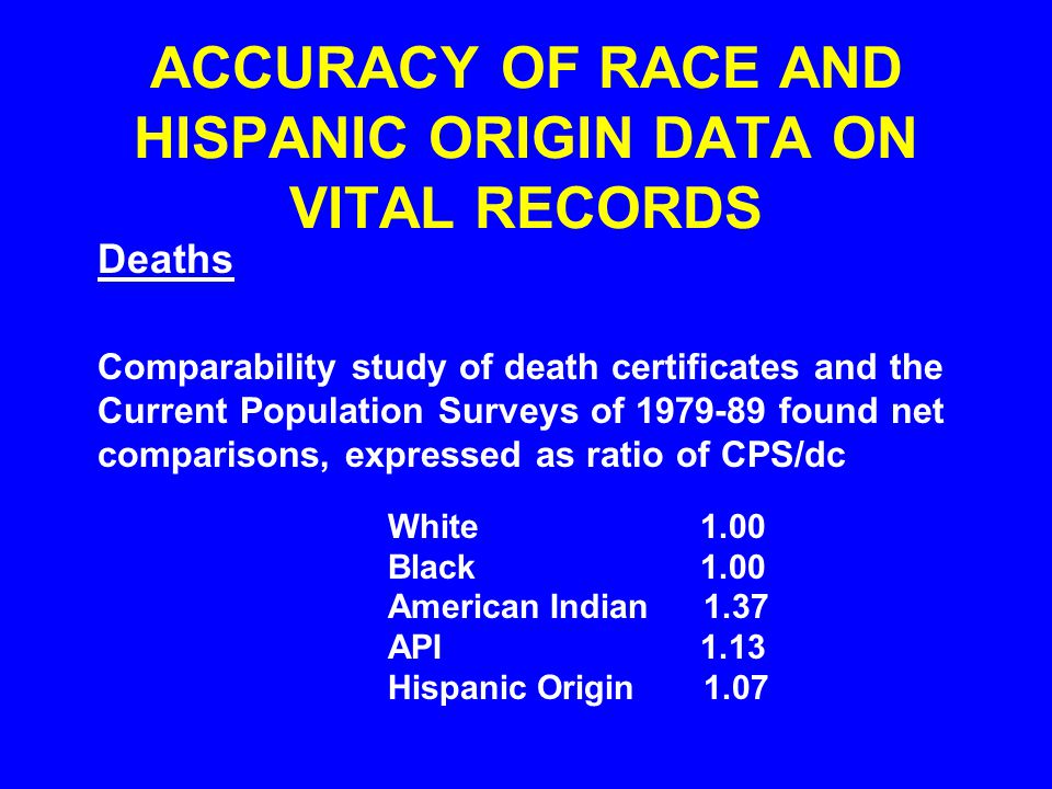 ACCURACY OF RACE AND HISPANIC ORIGIN DATA ON VITAL RECORDS Deaths Comparability study of death certificates and the Current Population Surveys of found net comparisons, expressed as ratio of CPS/dc White 1.00 Black 1.00 American Indian1.37 API 1.13 Hispanic Origin1.07