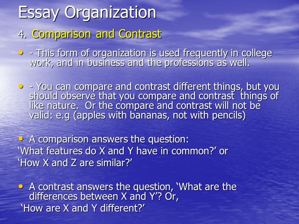 comparison and contrast essay organization What is a comparison / contrast essay a comparison shows how two subjects are similar a contrast shows how two subjects are different people compare and contrast. comparison and contrast essay organization What is a comparison / contrast essay a comparison shows how two subjects are similar a contrast shows how two subjects are different people compare and contrast.