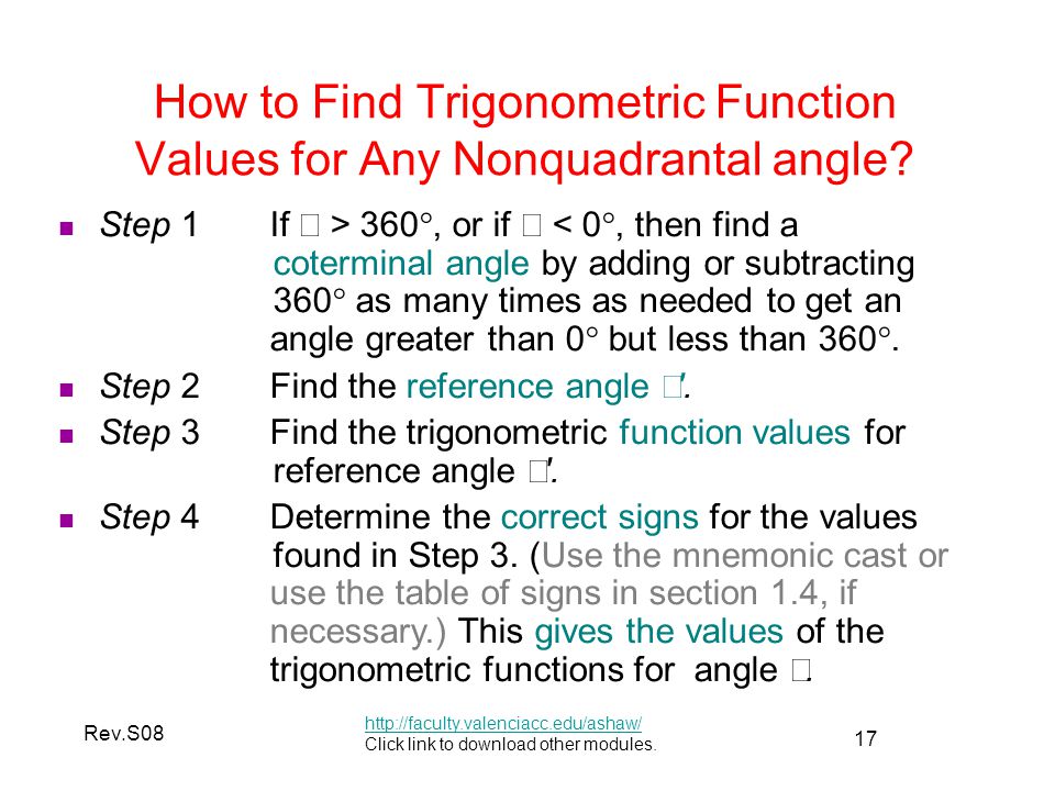 17 Rev.S08 How to Find Trigonometric Function Values for Any Nonquadrantal angle.