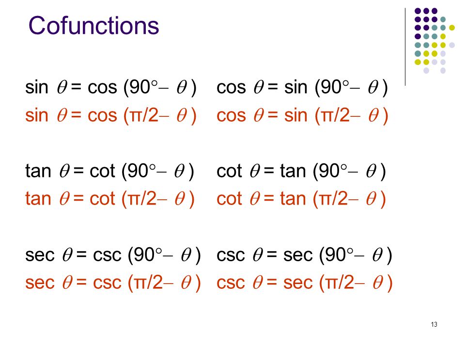 13 Cofunctions sin  = cos (90    ) cos  = sin (90    ) sin  = cos (π/2   ) cos  = sin (π/2   ) tan  = cot (90    ) cot  = tan (90    ) tan  = cot (π/2   ) cot  = tan (π/2   ) sec  = csc (90    ) csc  = sec (90    ) sec  = csc (π/2   ) csc  = sec (π/2   )