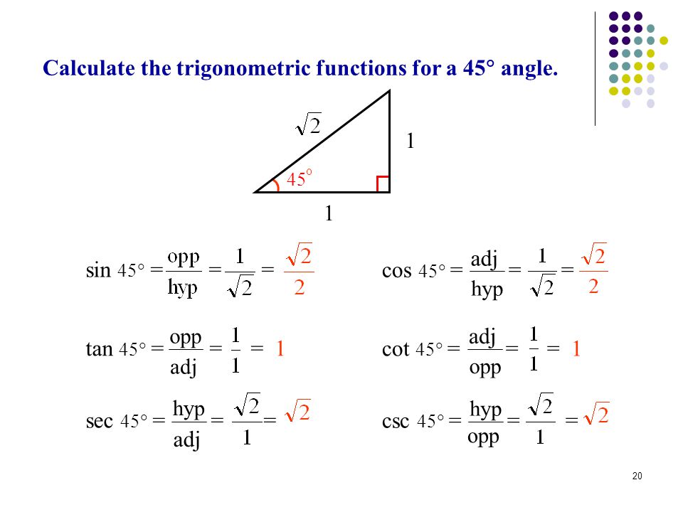 20 Calculate the trigonometric functions for a 45  angle.